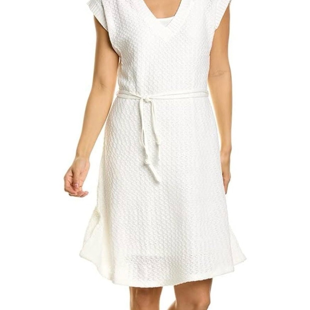Trina Turk Mcgowan White Cable Rib Knit V-Neck Dress Short Sleeve Slip Lined: M